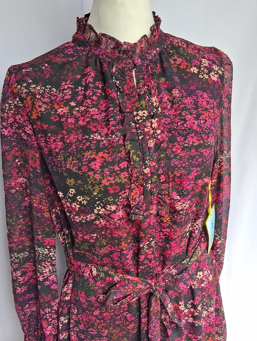 Cece Floral Chiffon Dress Long Sleeves Black Purple 6
